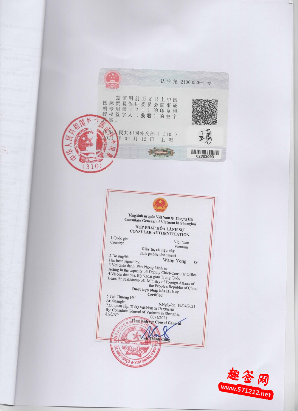 越南大使馆认证样本